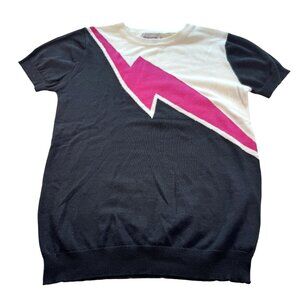 Oxknitstore Black/White Short Sleeve Colorblock Sweater Pink Lightning Bolt - M